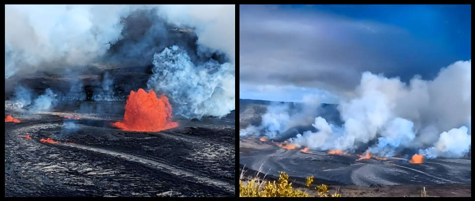 Two images of an erupting volcano with smoke and lava fountains.