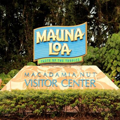 Mauna Loa Visitor Center sign surrounded by greenery.