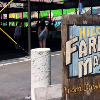Outdoor farmers market with patrons and a sign reading 'Hilo Farmers Market.'