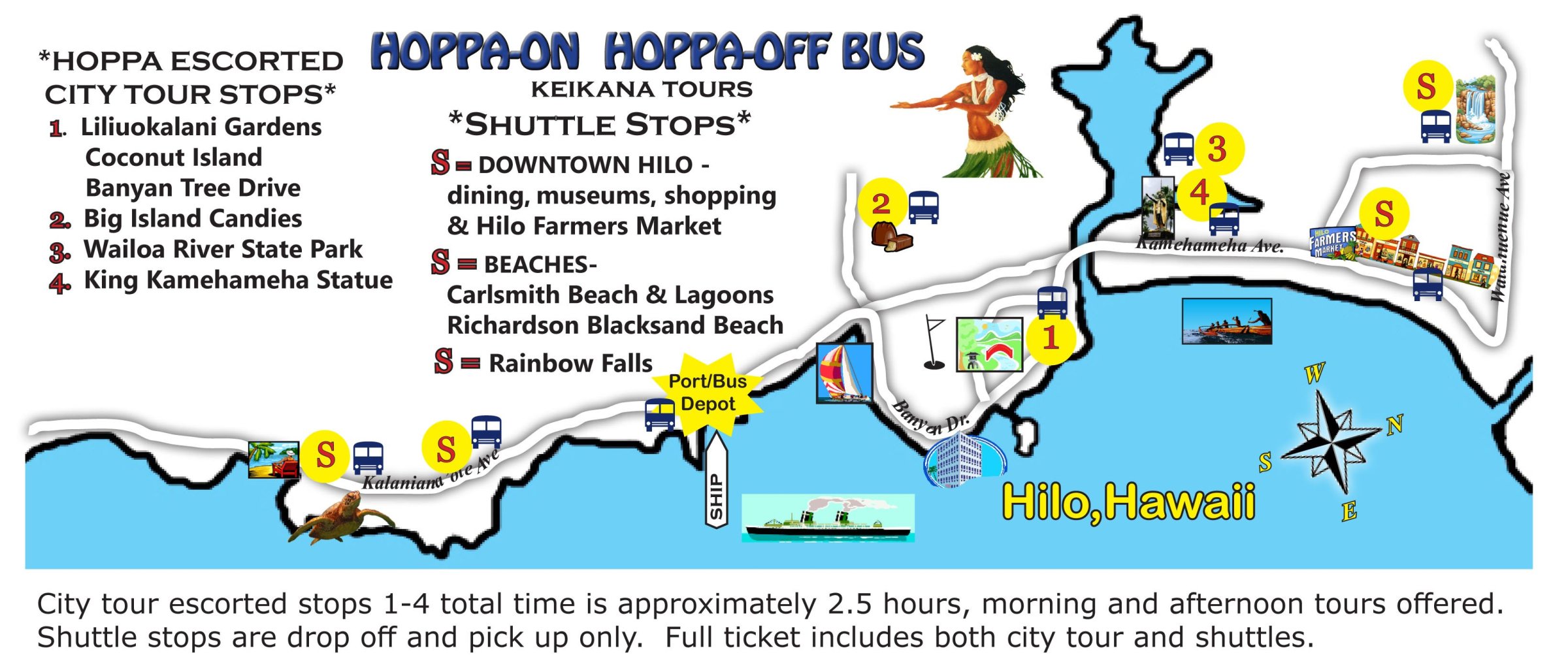 Hilo, Hawaii, bus tour map with stops and attractions marked.