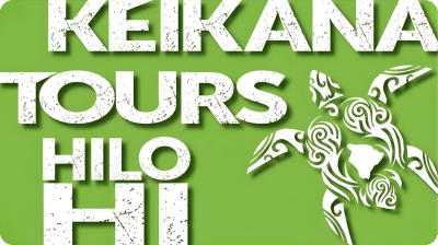 Green sign: 'Keikana Tours Hilo HI' with tribal-style turtle design.
