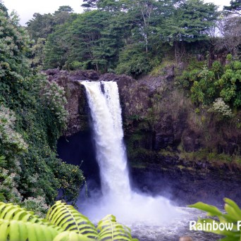 Waterfall surrounded by lush greenery, labeled 'Rainbow Falls, Hilo HI'.