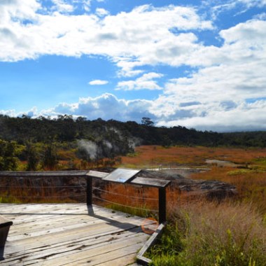 Wooden platform overlooking a grassy field with hills and cloudy sky.