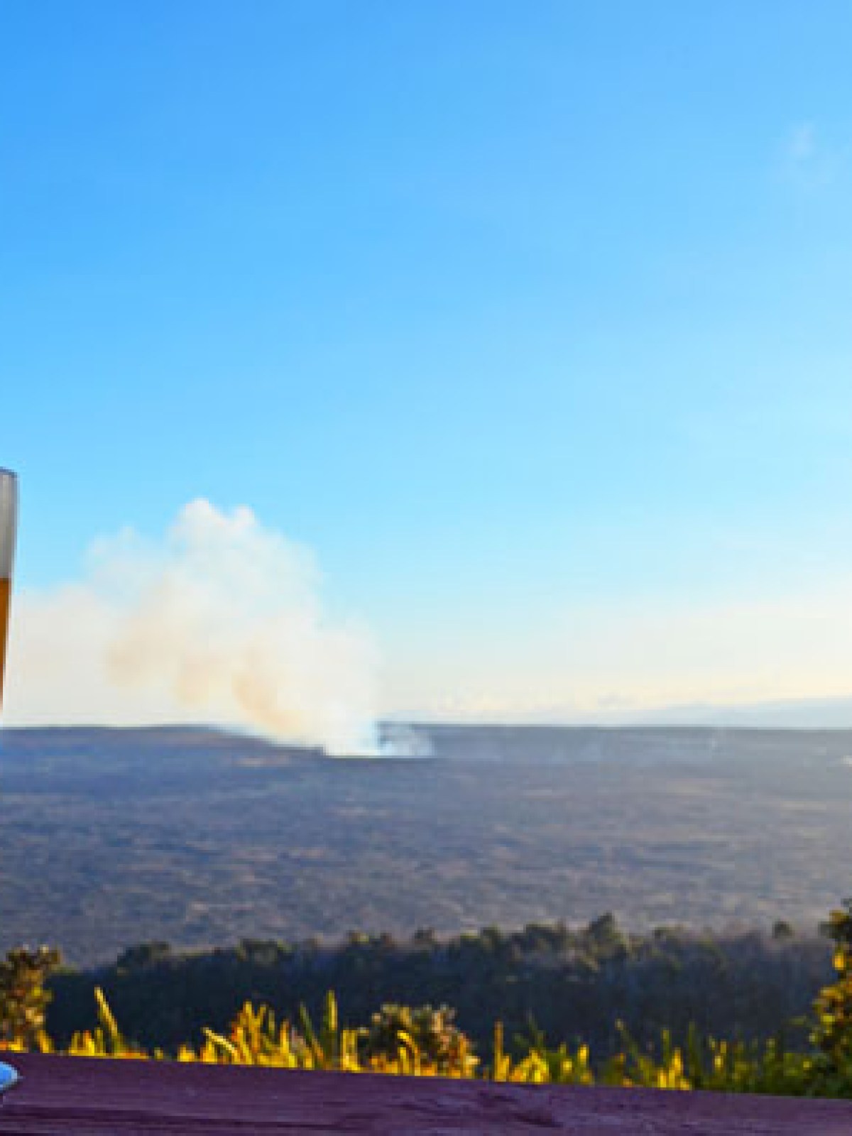 Tall glass of beer with a slice of orange, overlooking a vast landscape with smoke in the distance.